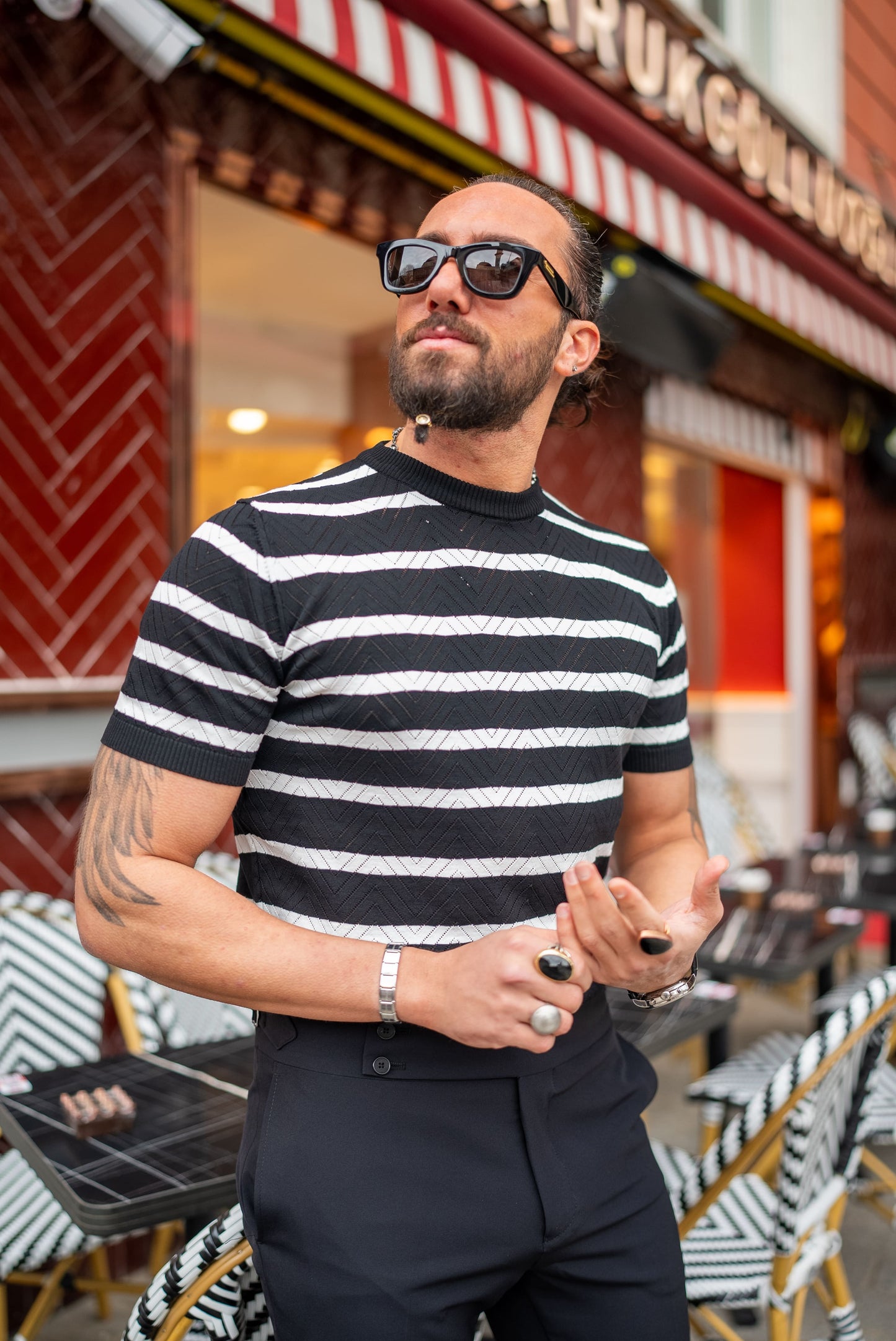Men's Black and White Striped Knit T-Shirt