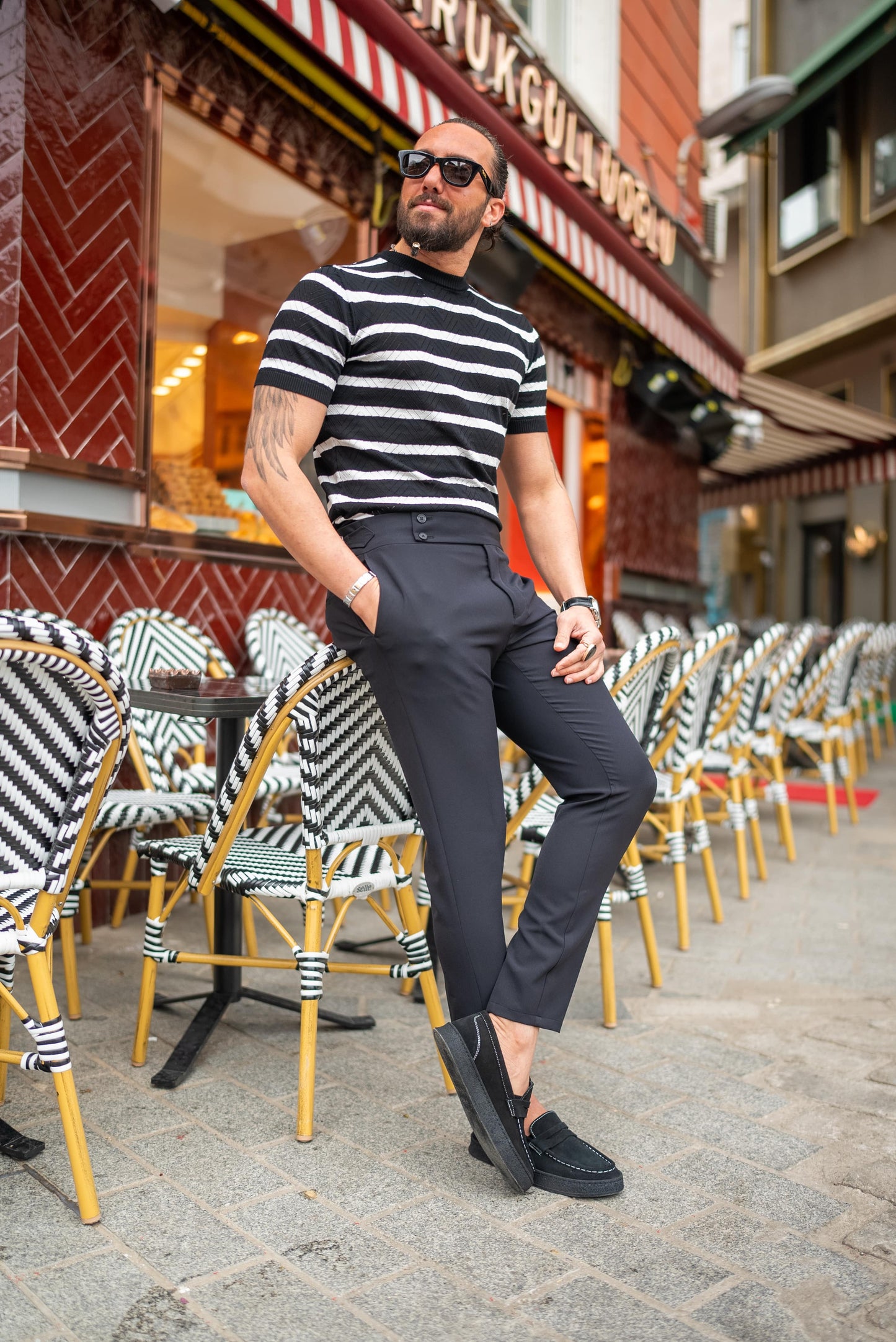 Men's Black and White Striped Knit T-Shirt