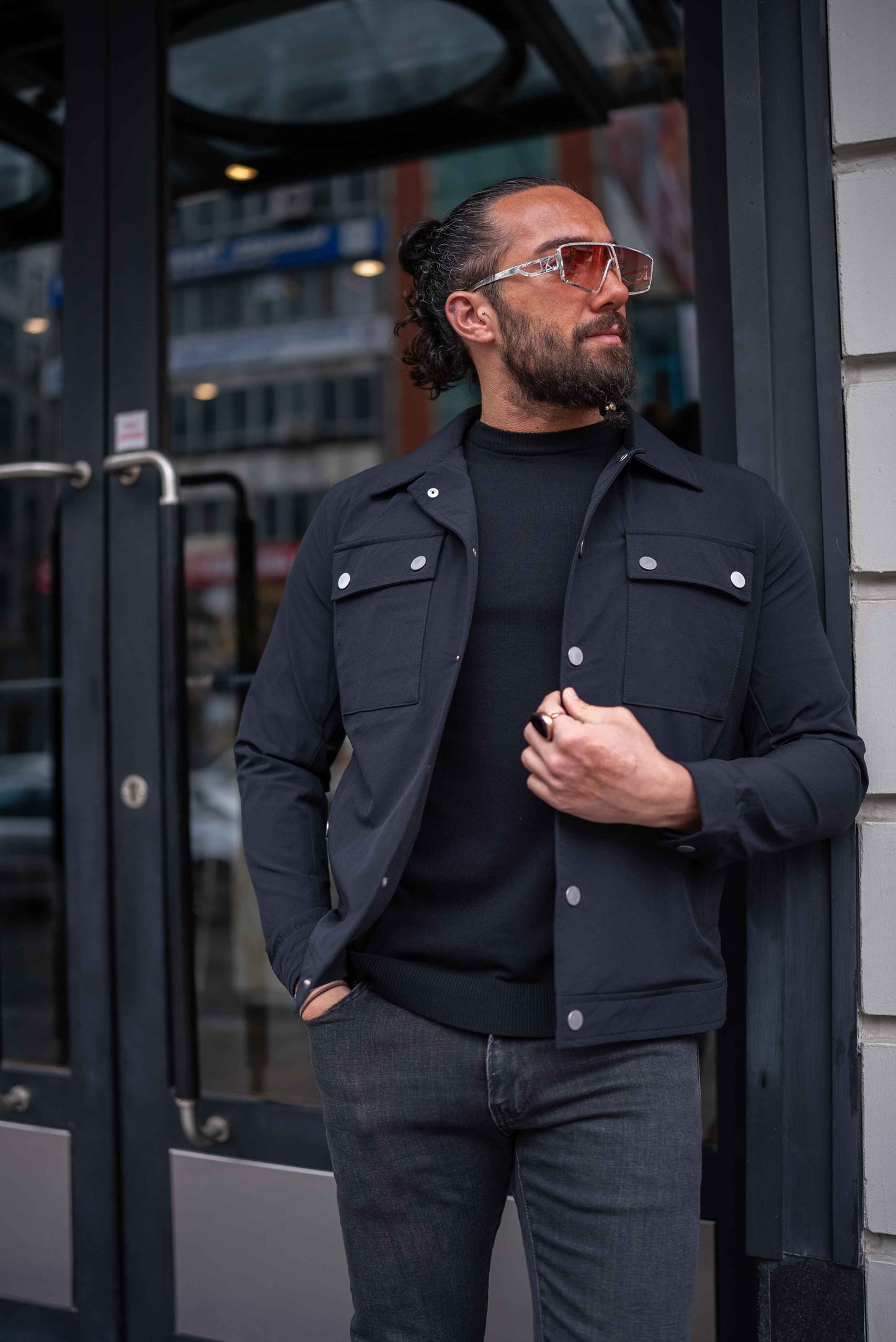 Black Cotton Blend Collar Jacket