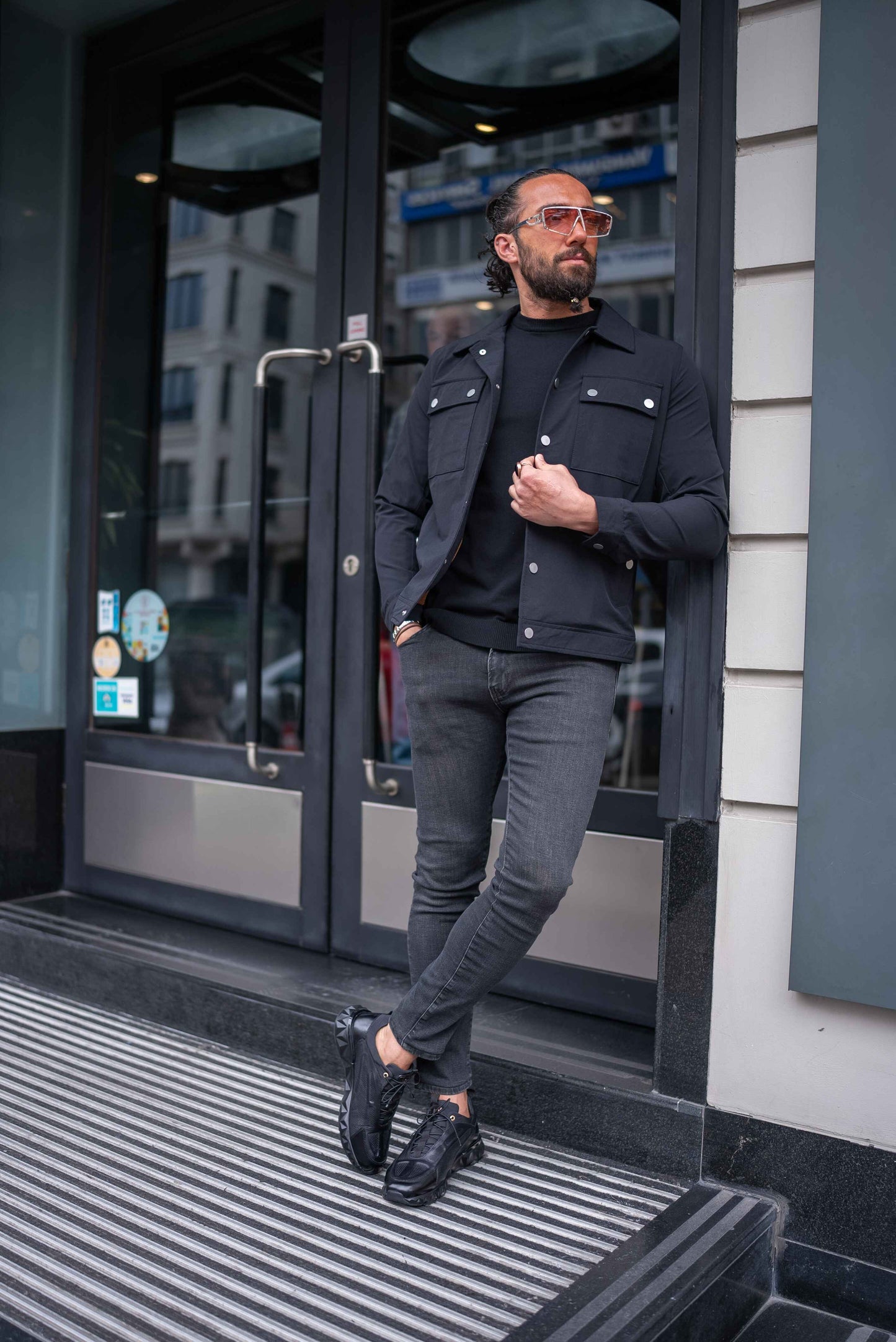 Black Cotton Blend Collar Jacket