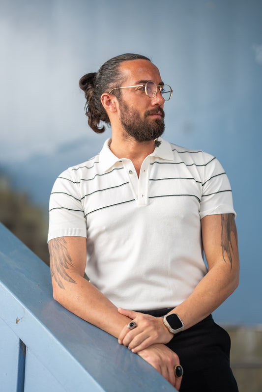 Men's White with Black Stripe Knit Polo Shirt