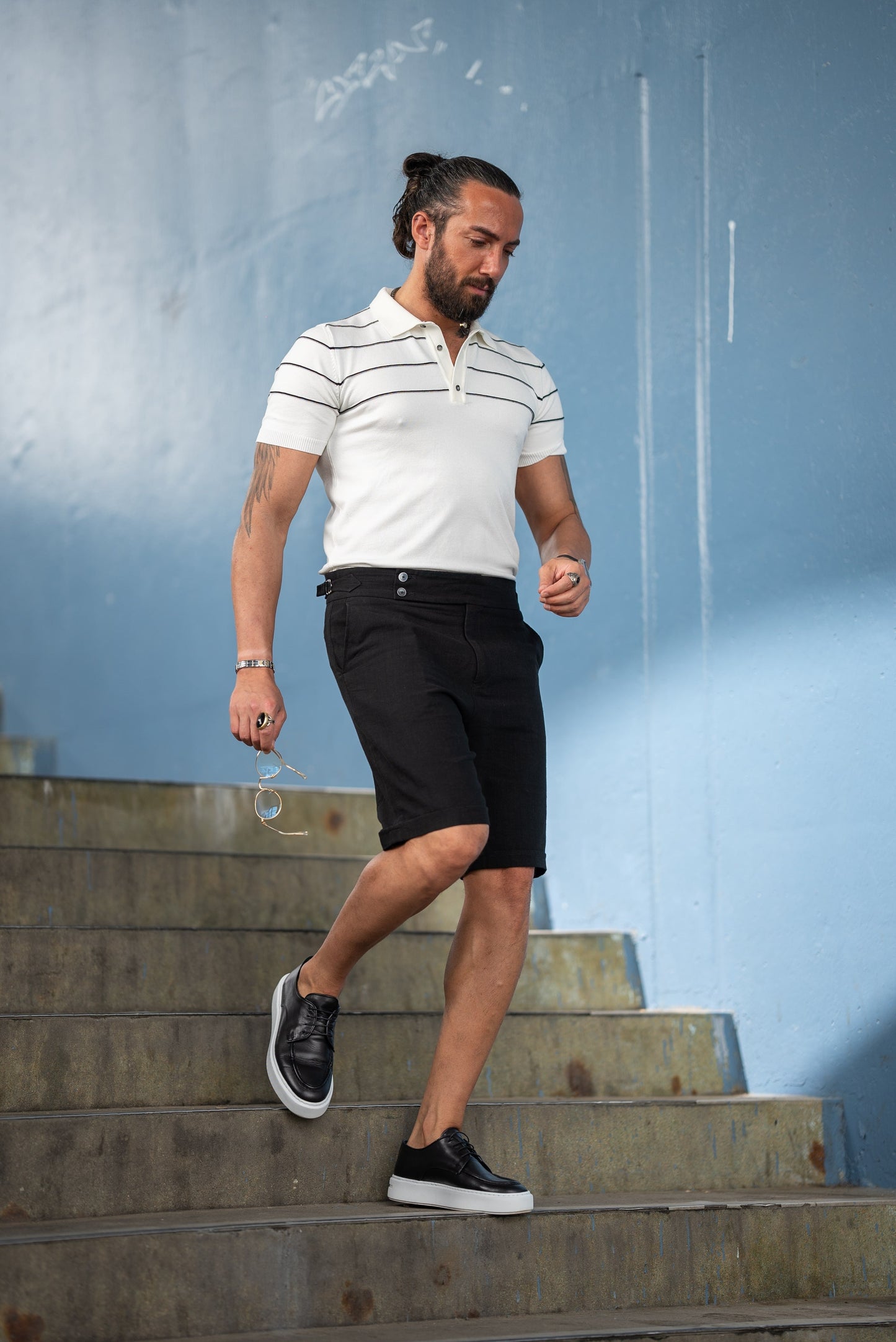 Men's White with Black Stripe Knit Polo Shirt