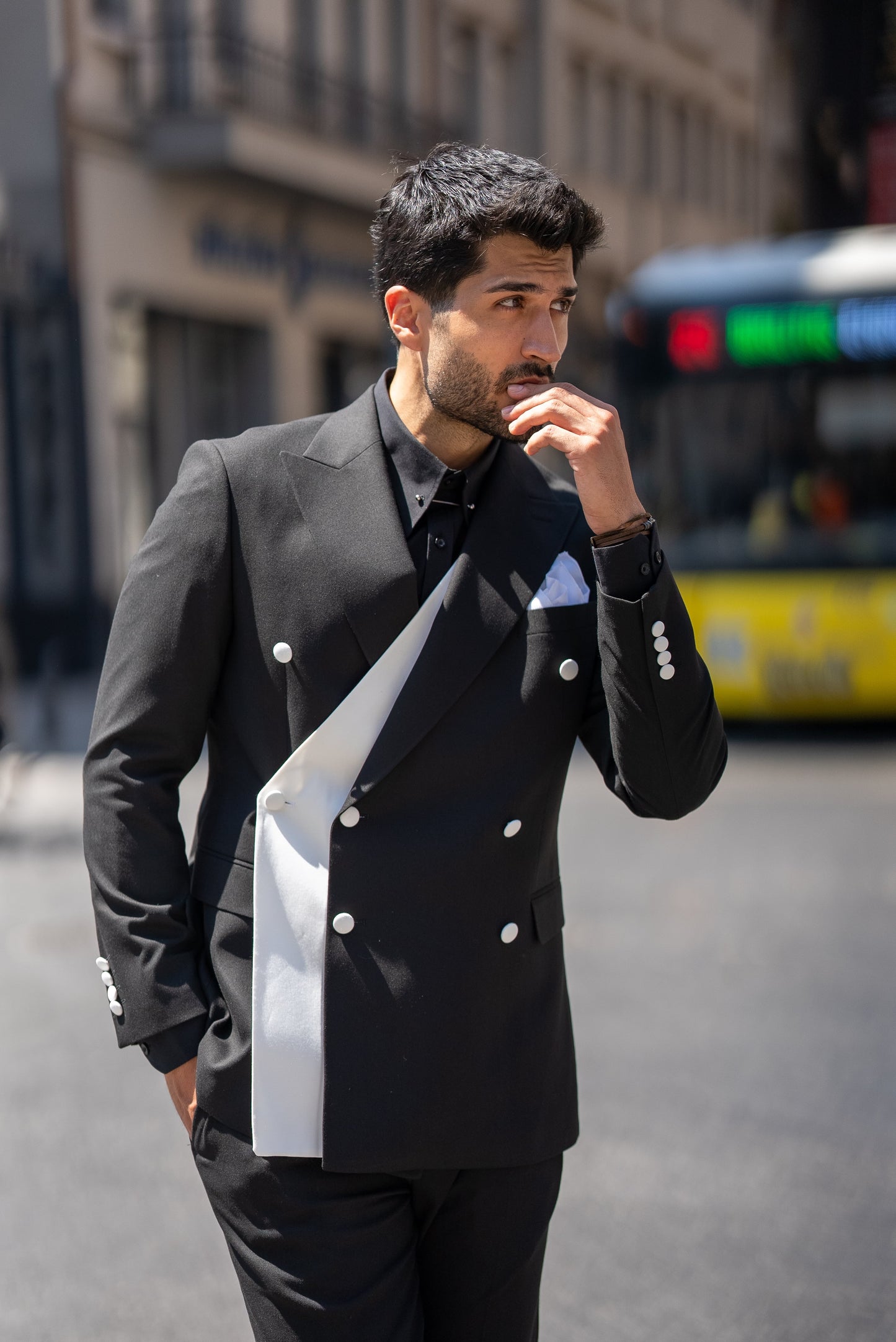 Luxury Black Men’s Special Design Suit with White Detailing