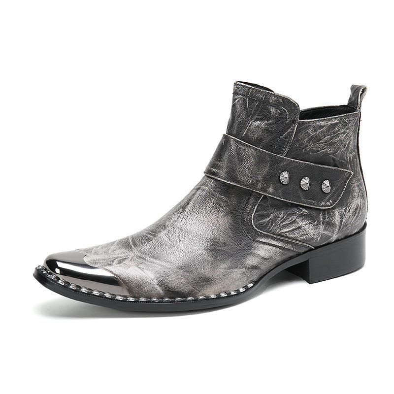 Gray Chunky Heel Cowhide Lace-Up Motorcycle Boots