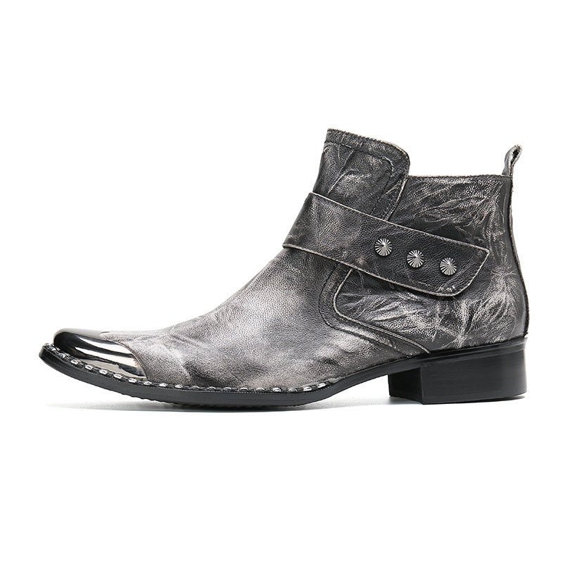 Gray Chunky Heel Cowhide Lace-Up Motorcycle Boots