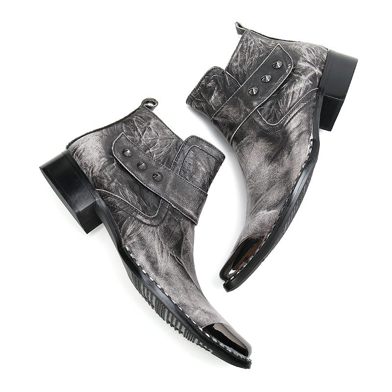 Gray Chunky Heel Cowhide Lace-Up Motorcycle Boots