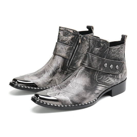 Gray Chunky Heel Cowhide Lace-Up Motorcycle Boots