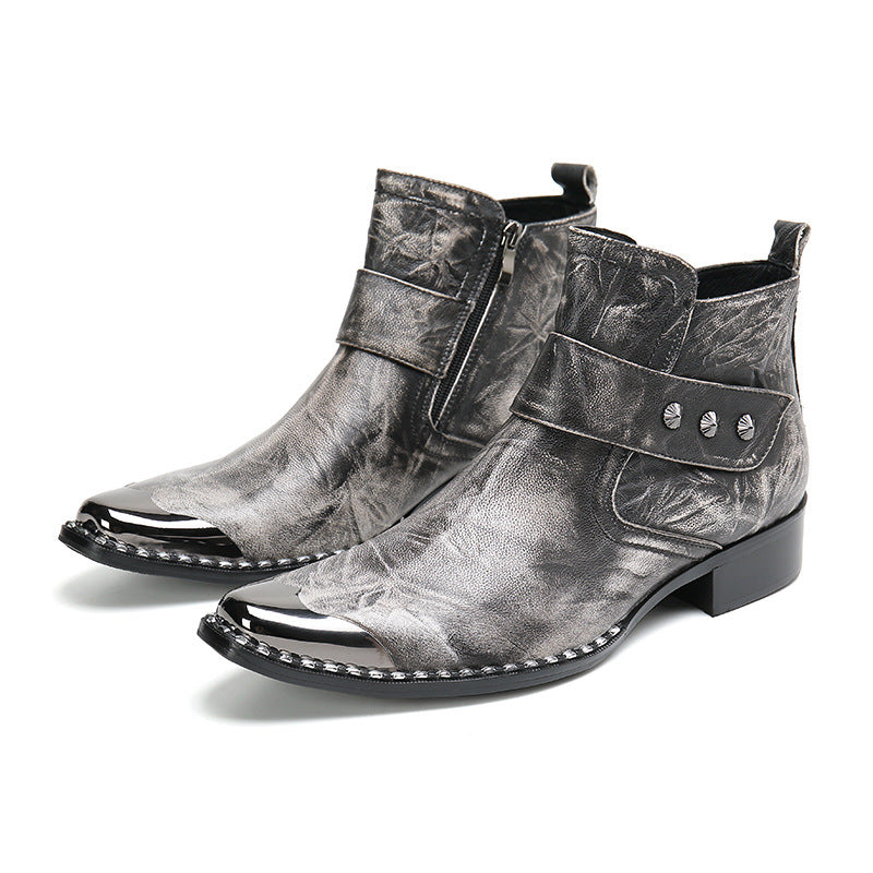 Gray Chunky Heel Cowhide Lace-Up Motorcycle Boots