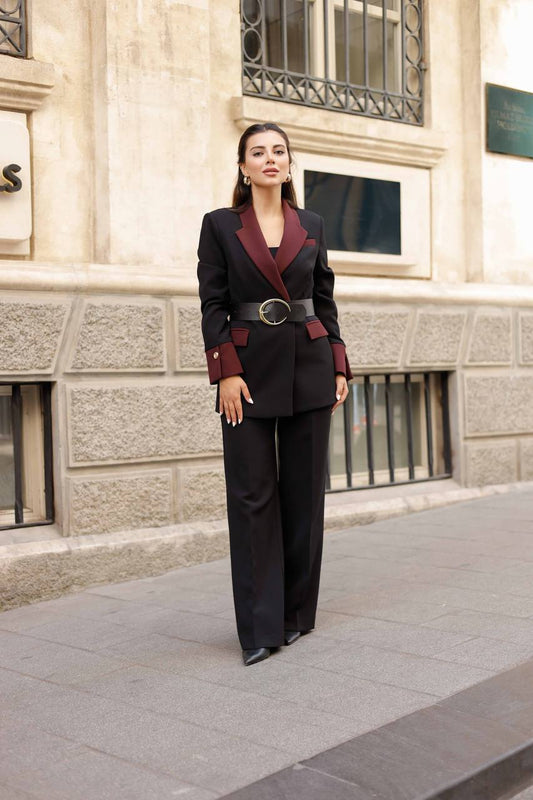 SuitLegacy Belted Black-Burgundy Women Suit