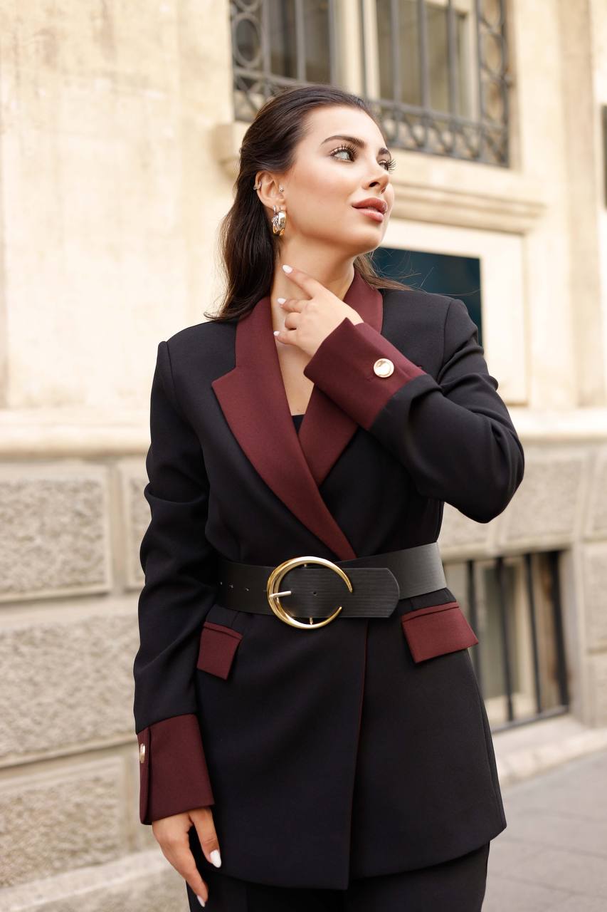 SuitLegacy Belted Black-Burgundy Women Suit