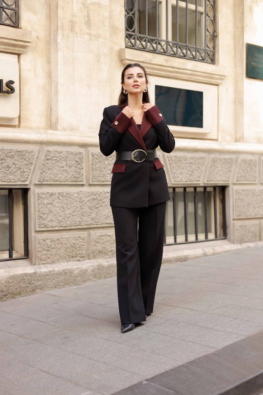 SuitLegacy Belted Black-Burgundy Women Suit