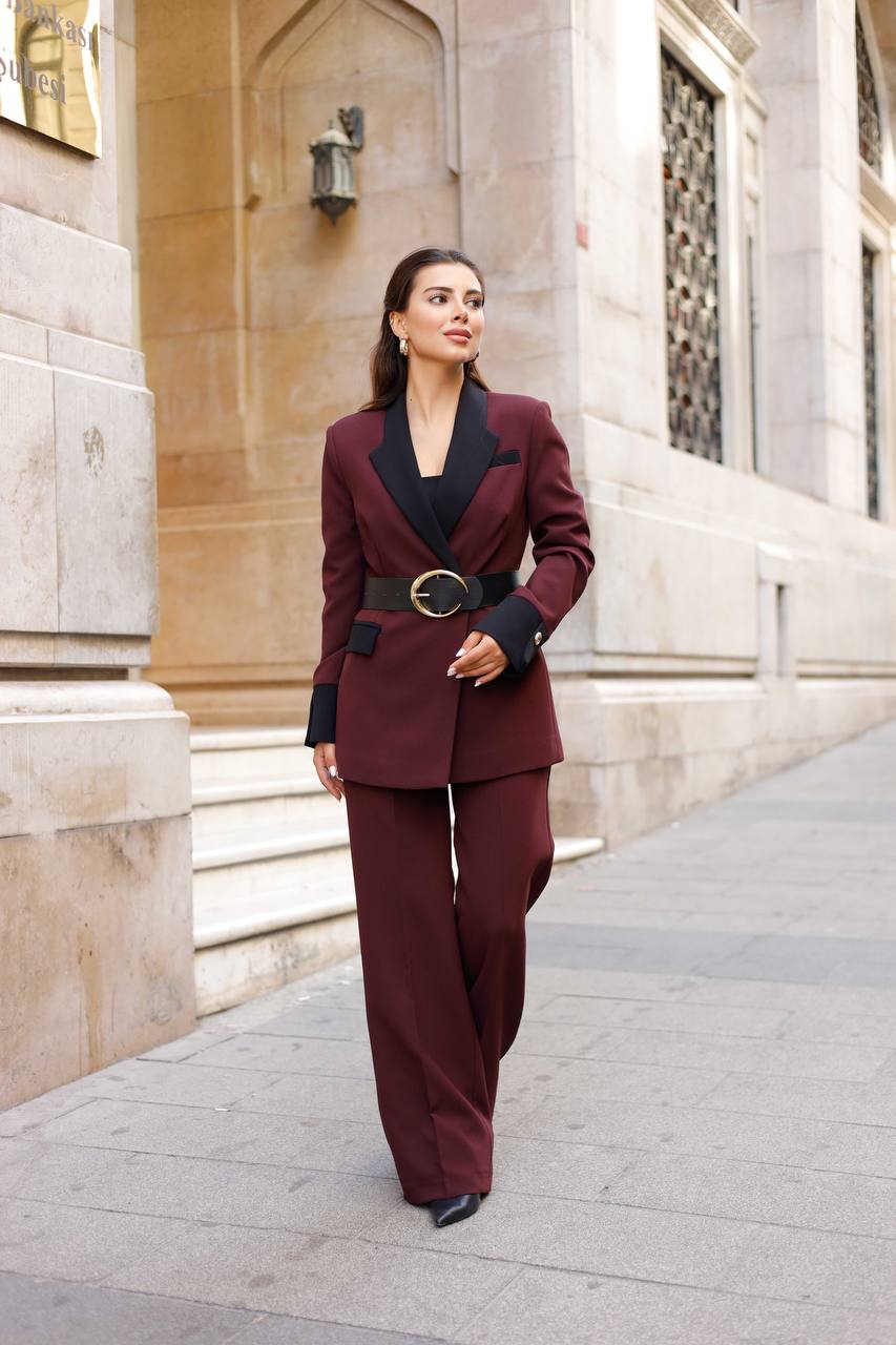 SuitLegacy Belted Burgundy Women Suit