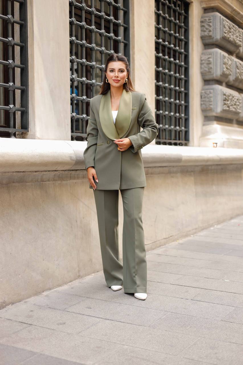 SuitLegacy Satin Lapel Olive Green Women Suit