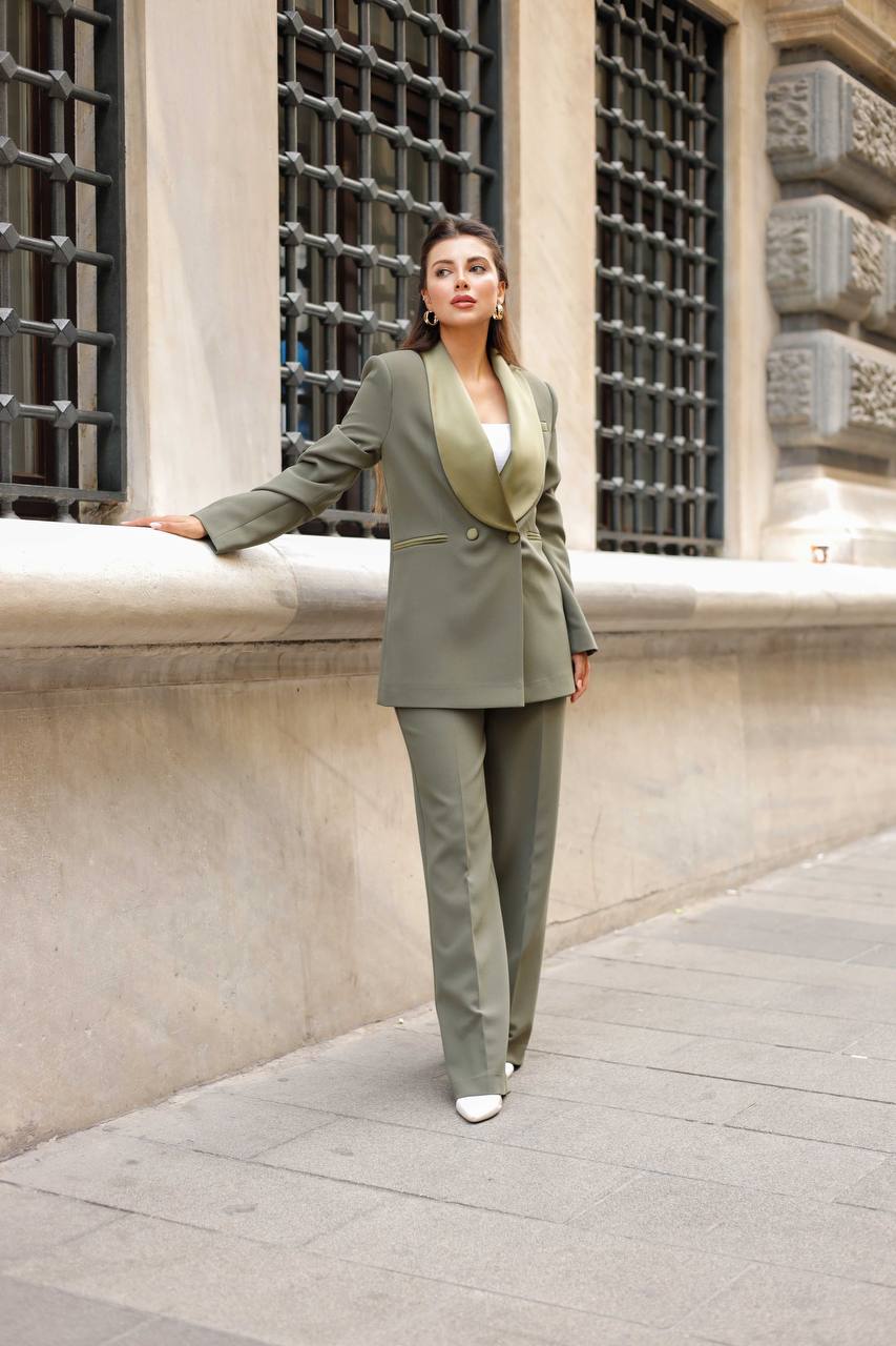 SuitLegacy Satin Lapel Olive Green Women Suit