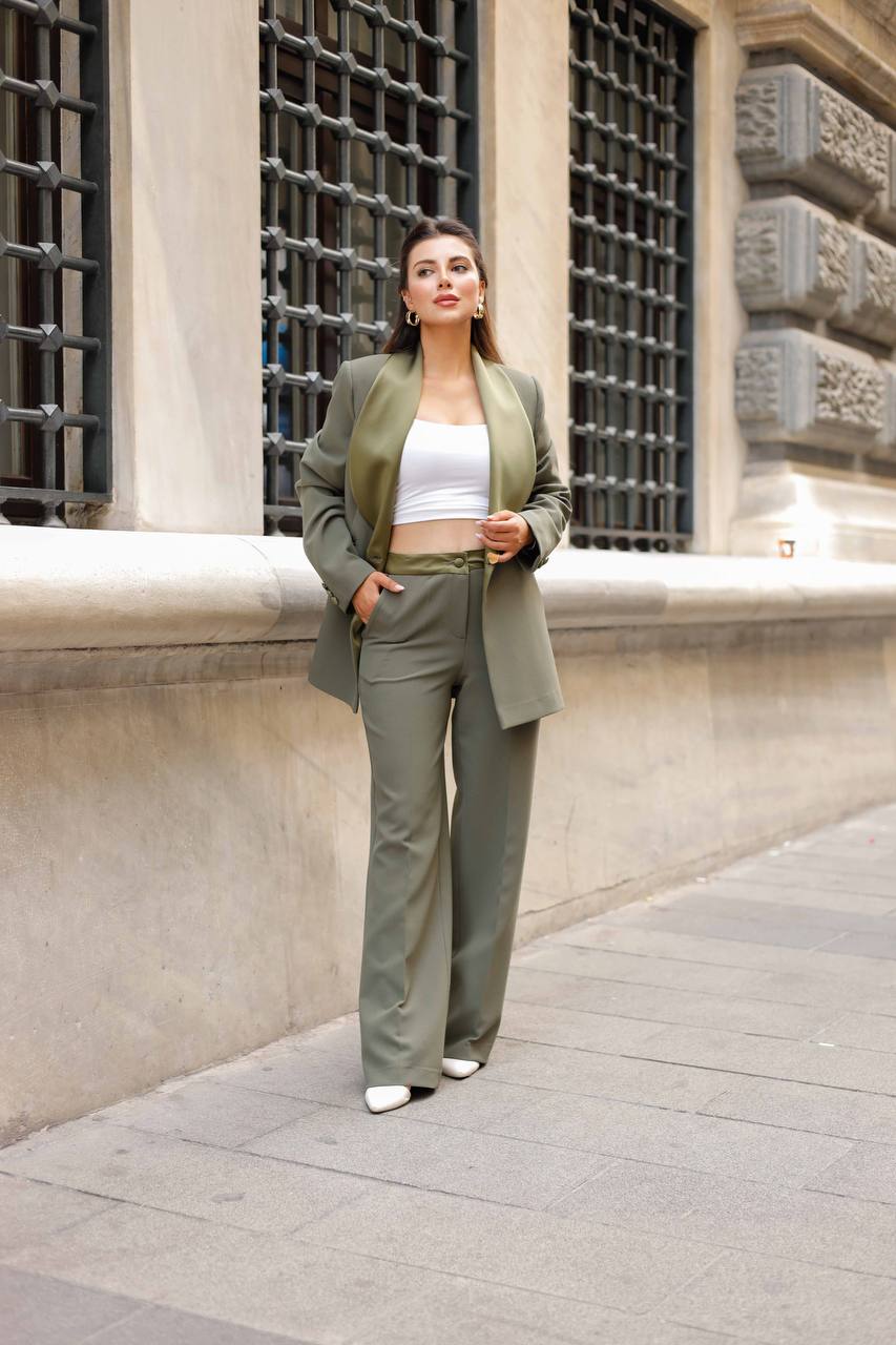SuitLegacy Satin Lapel Olive Green Women Suit