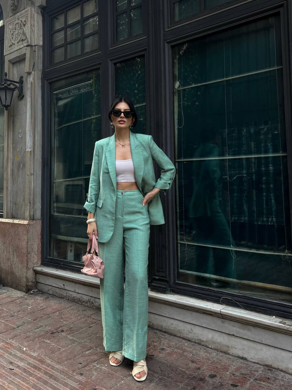 SuitLegacy Women's Mint Green Wide-Leg Pant Suit