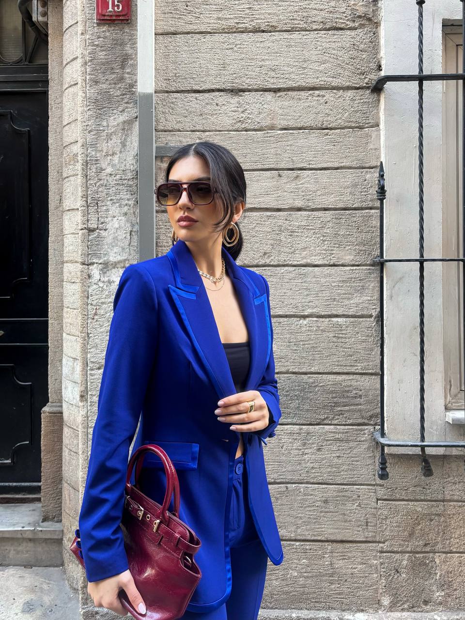 SuitLegacy Women's Royal Blue Satin Trim Pant Suit