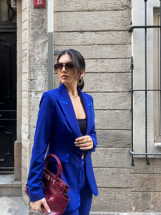 SuitLegacy Women's Royal Blue Satin Trim Pant Suit