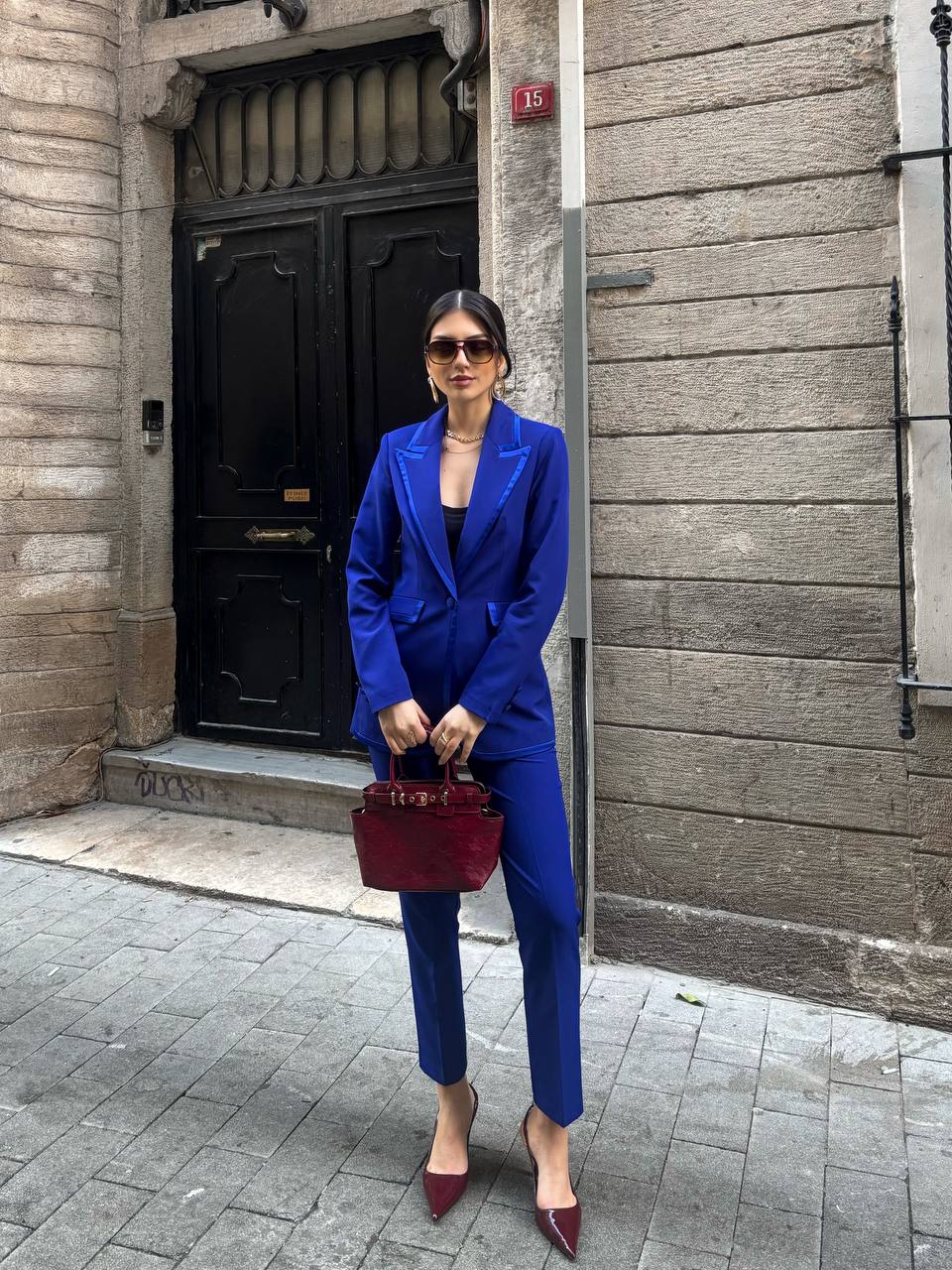 SuitLegacy Women's Royal Blue Satin Trim Pant Suit