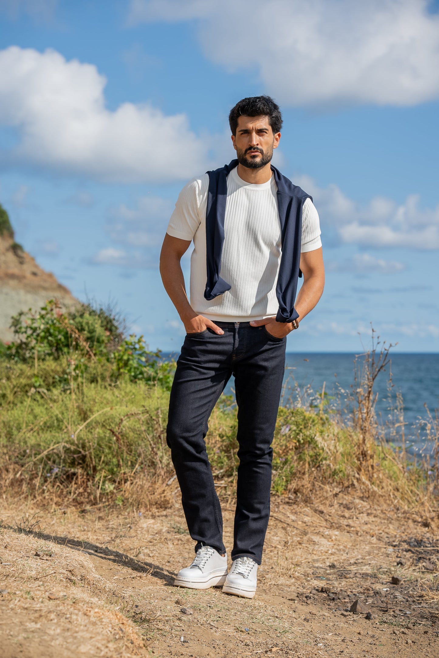 White Men’s Special Design Knitted Fabric Polo