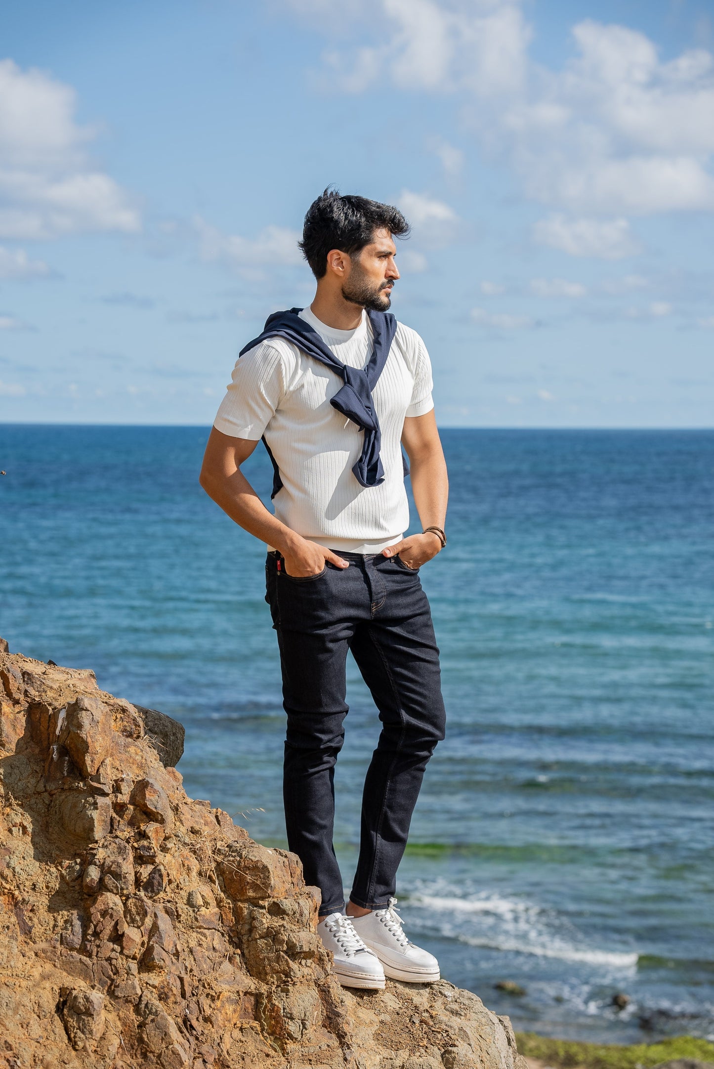 White Men’s Special Design Knitted Fabric Polo