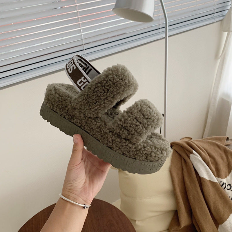 Autumn And Winter Furry Teddy Wool Sponge Cake Platform Slippers