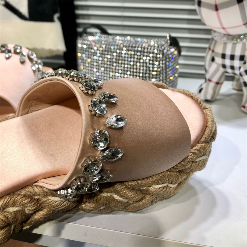 Women's Rhinestone Hemp Rope Straw Woven Thick Sole Slippers