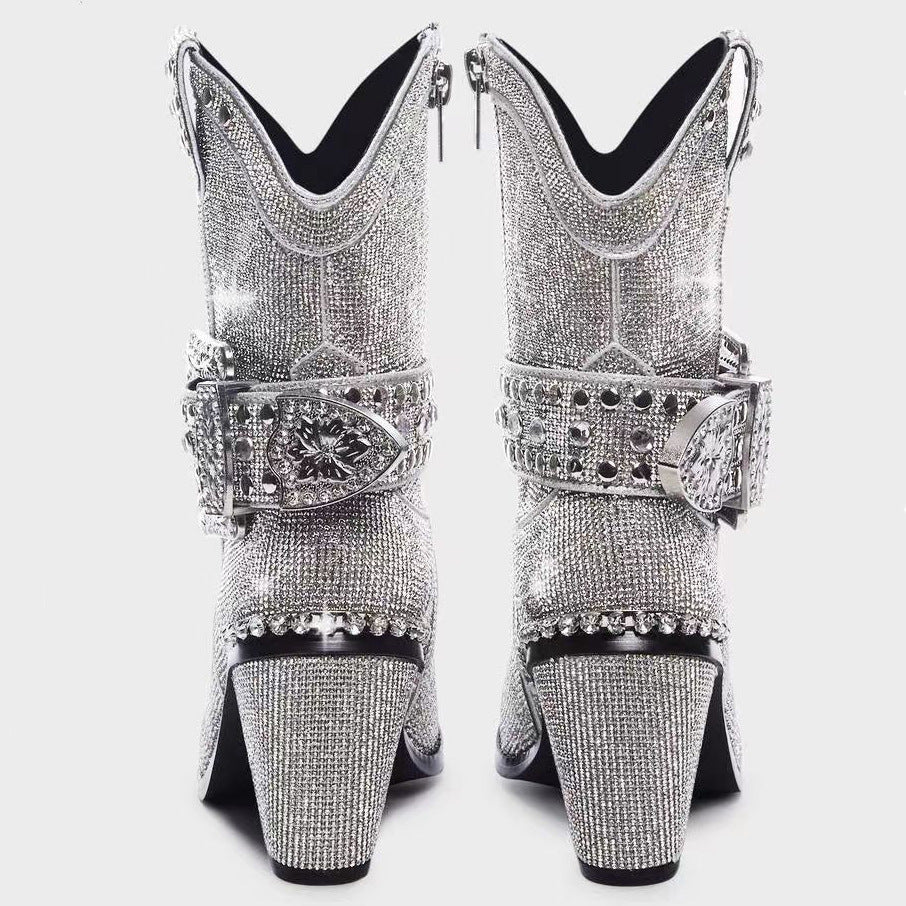 Women’s Silver Chunky Heel Fashion Catwalk Boots
