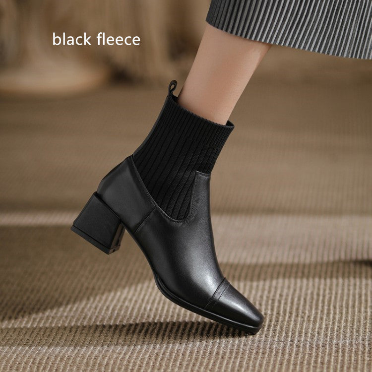 Leather Square Toe Mid-Heel Chunky Sole Boots