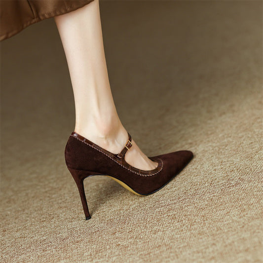 Leather Stiletto Buckle Shoes - Pointed Toe, High Heel