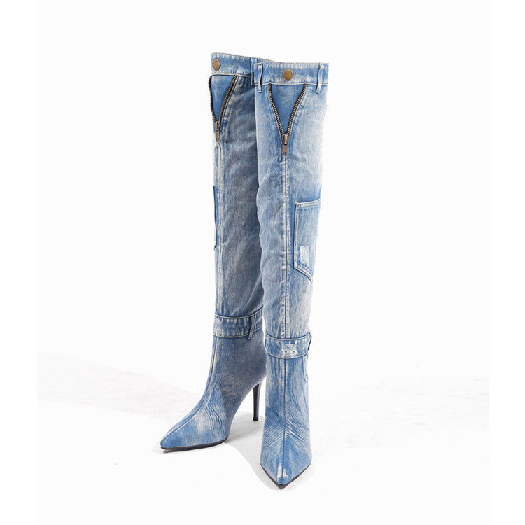 Denim Over-Knee Riding Boots with Slim High Heel