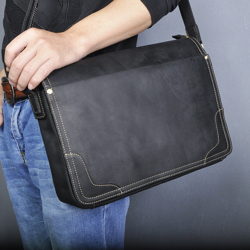 The First Layer Of Crazy Horse Leather Cowhide Men's 14-inch Computer One-shoulder Diagonal Bag