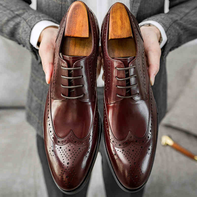 Men's Handmade Cowhide Brogue Leather Shoes, Pointed Toe