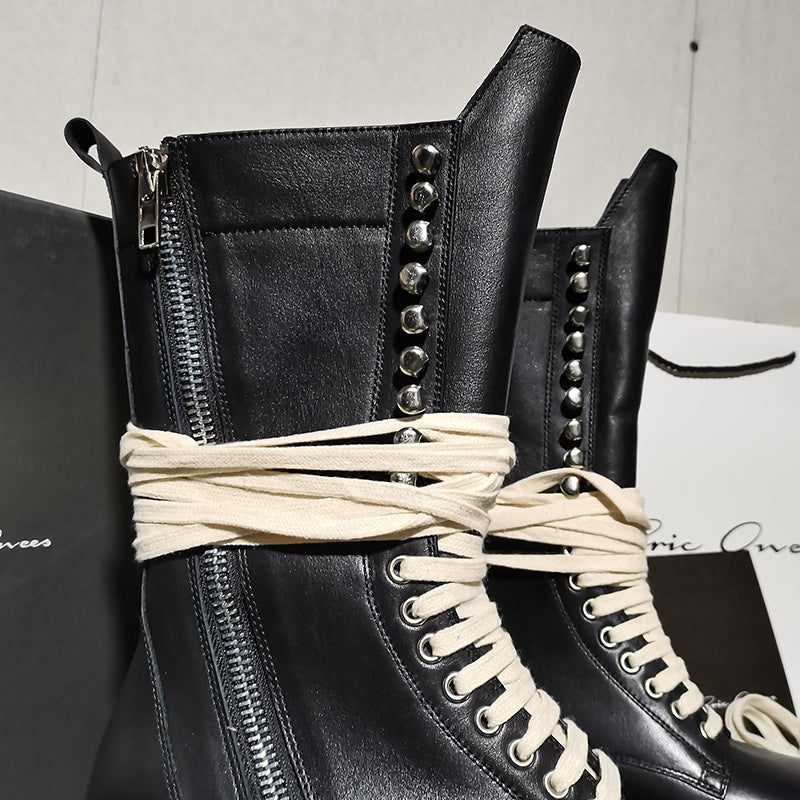 Men's Knight Boots Cowhide Double Zipper Black