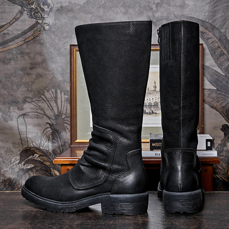 Men's Black Platform High Top Zip Boots, Cowhide Leather