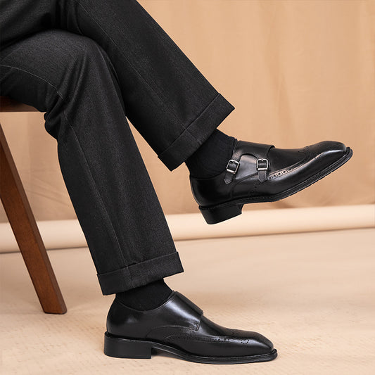 British Leisure Leather Shoes, Square Toe, Buckle