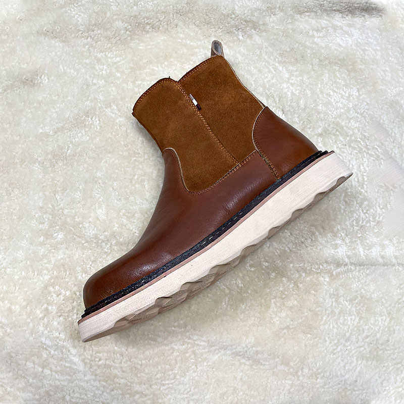 Men's Leather Sheepskin Fur Snow Boots - Zippered Flat