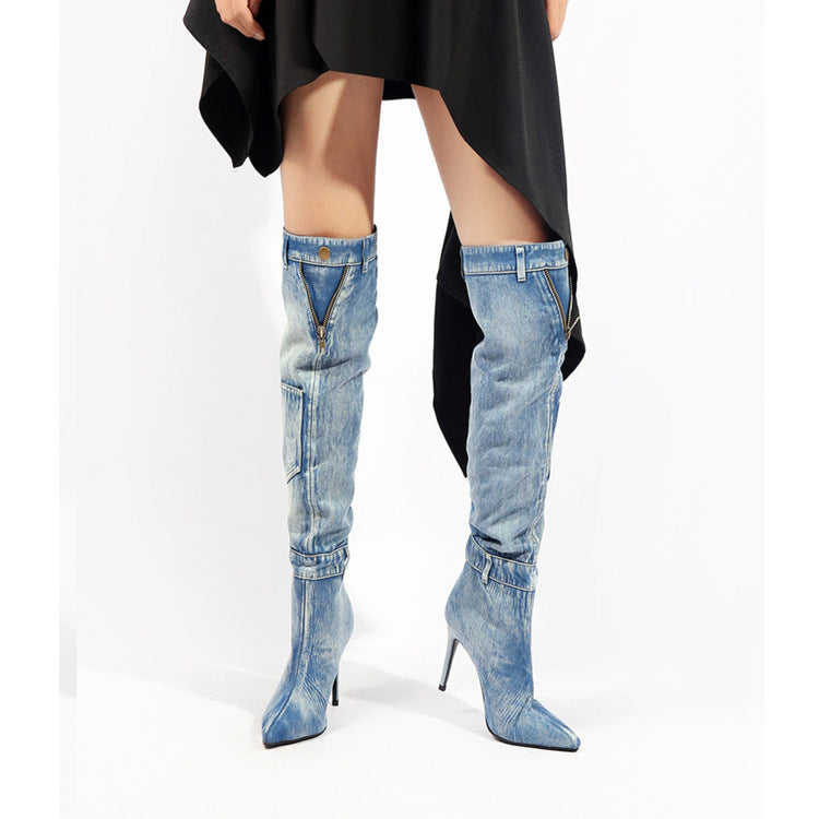 Denim Over-Knee Riding Boots with Slim High Heel