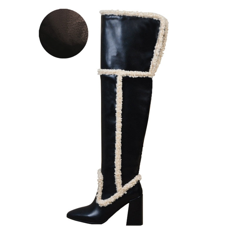 Lamb Hair Square Toe Leather Thick Heel High Boots