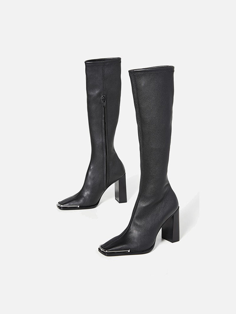 Chunky Heel Leather Slim Over-the-Knee Boots