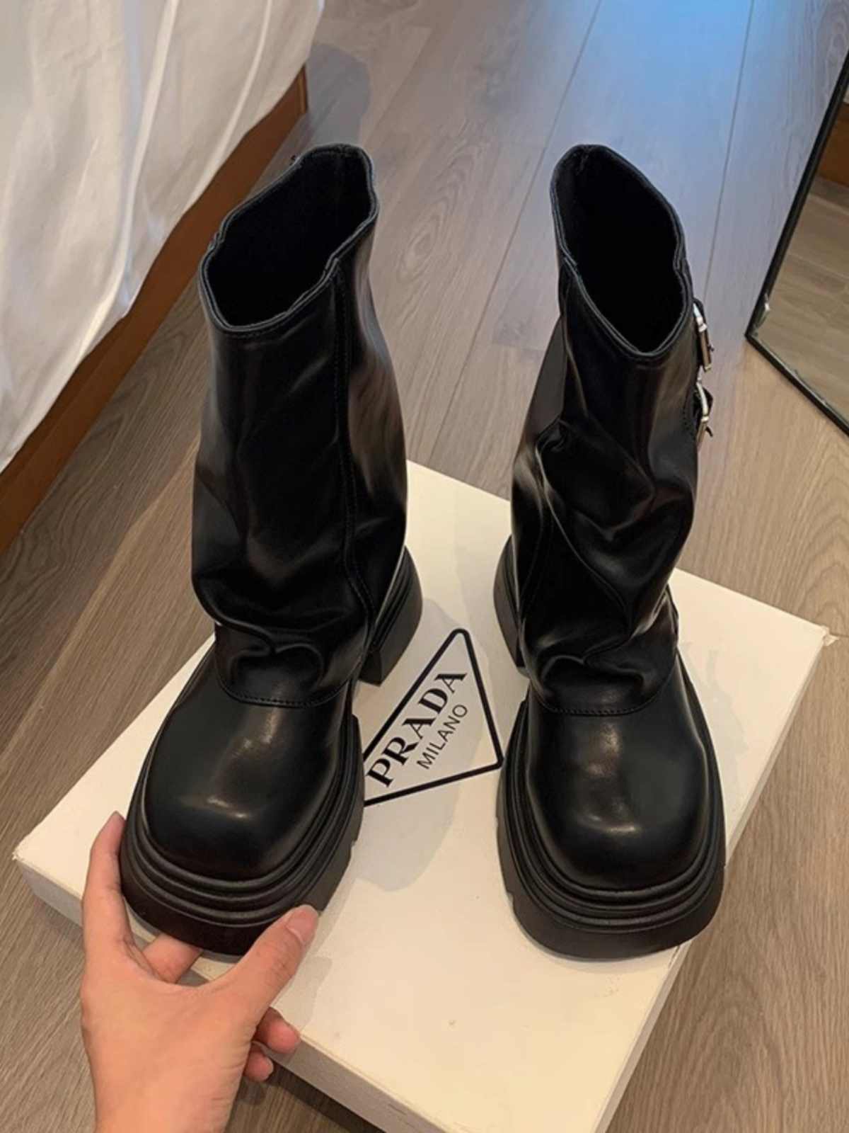 Genuine Leather Belt Buckle Platform Motorcycle Boots