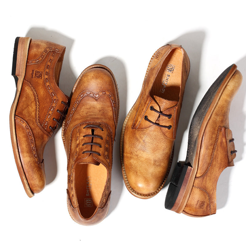 Retro Brogue Men's Leather Shoes, Carved, Light/Dark Brown