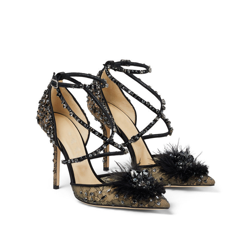 Nude Lace Rhinestone Floral Pumps - Pointed Toe Heel