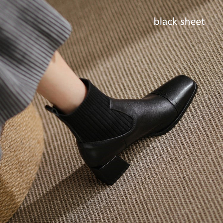 Leather Square Toe Mid-Heel Chunky Sole Boots