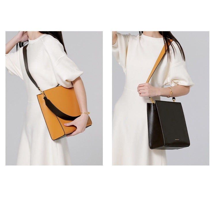 Women's Leather Bag with Wide Contrast Shoulder Straps