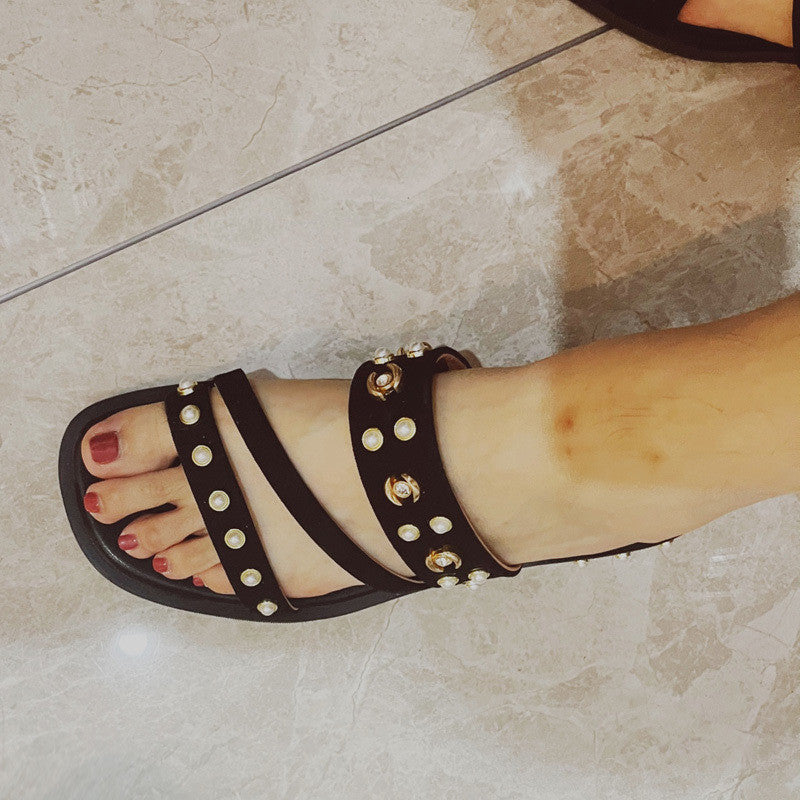 Black Flat Orange Roman Holiday Style Women's Sandals
