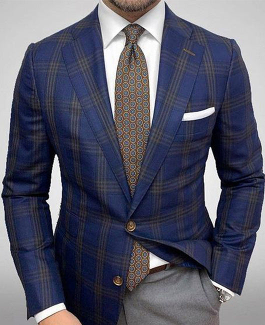 Men's Slim Fit Plaid Two-Button Single Blazer