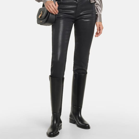 Women's Large Size Black Leather Low Heel High Boots