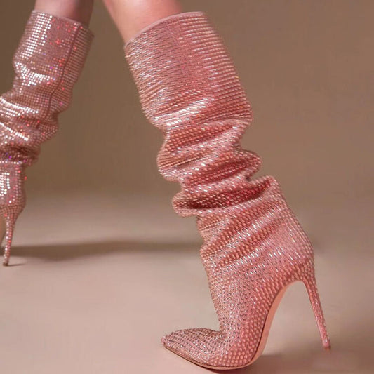 Velvet Rhinestone Pointed Toe Stiletto Boots