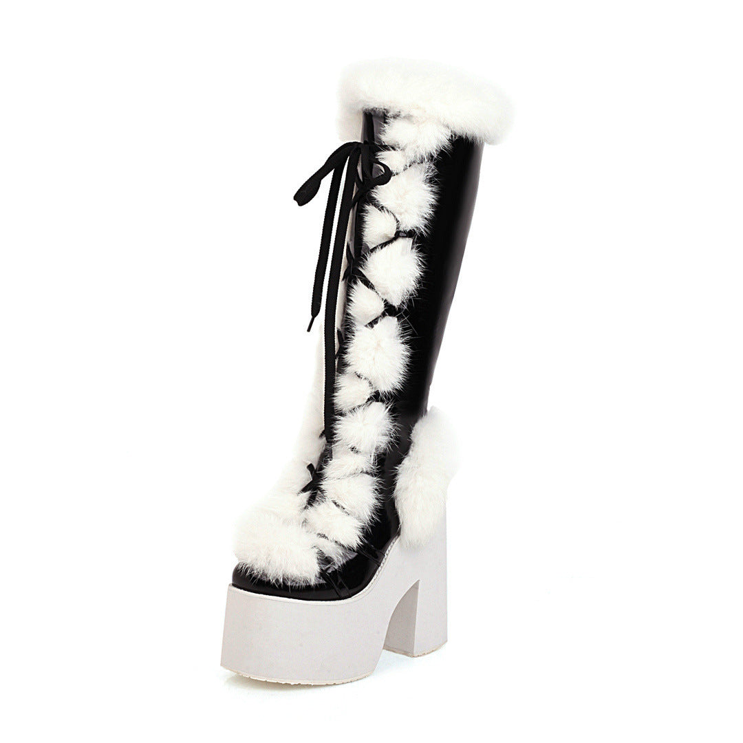 High Heel Platform Thick Sole Fur Snow Boots - Women